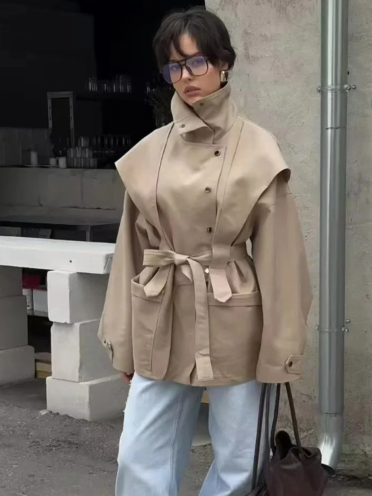 

Женская повседневная ветровка с завязкой на талии, однотонные пуговицы, однобортное пальто с высоким воротом и длинными рукавами, женская верхняя одежда