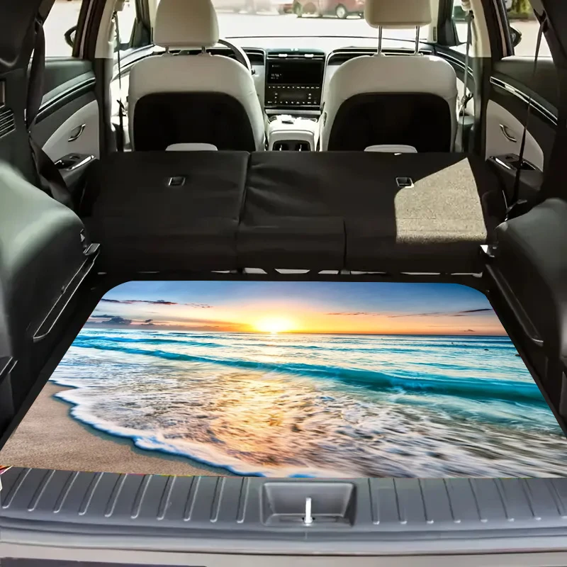 VIKAMA Sunset Beach Trunk Mat, Durable Universal-Fit Protective Mat, Natural Coastal Windmill Car Decorative Mat