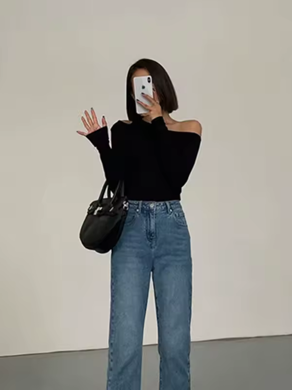 Fashion Skew Collar Off-shoulder Long-sleeved T-shirts Women Spring New Solid Slim Fit Crop Top Sexy Hollow Out Tees Shirts - Image 2