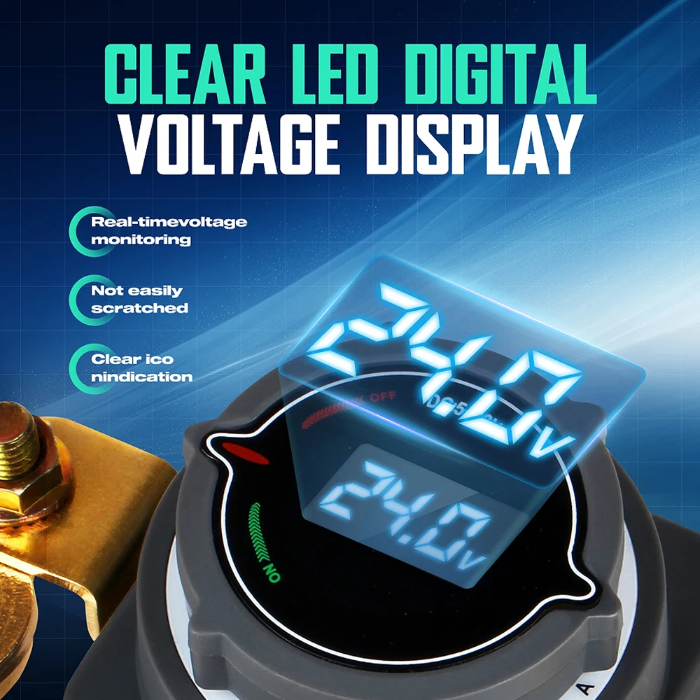 Digital Top Post Battery Disconnect Switch with Voltmeter 5-80VDC On Off Kill Switch for Marine Boat RV Car Truck Trailer