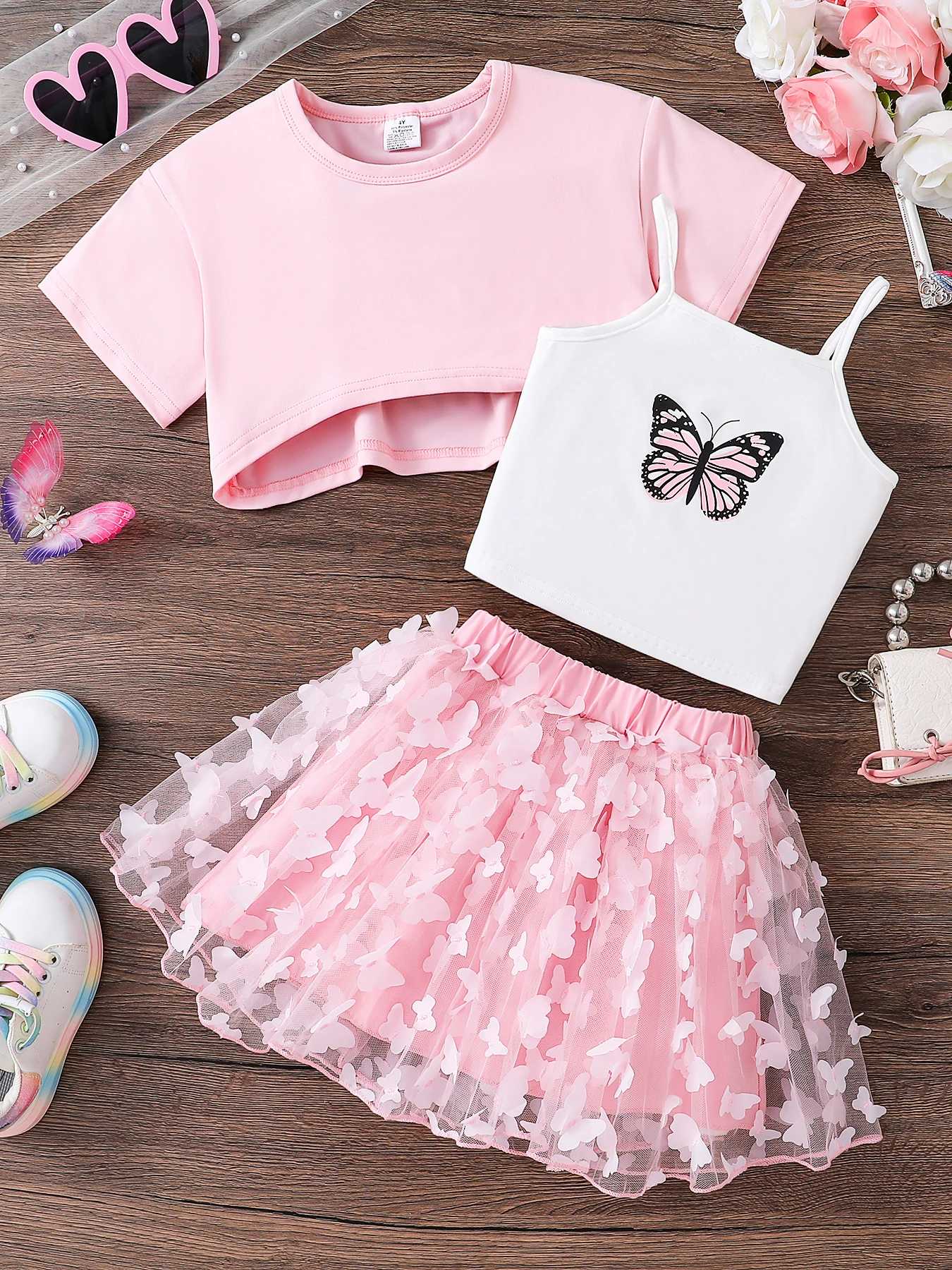 3-Piece Set for Girls: Fashionable and Simple Summer Outfit, Solid Color Round Neck Short-Sleeve Top + Butterfly Print Solid Color Camisole + Butterfly Print Mesh Skirt, Casual Everyday Versatile Youthful Comfortable Casual Children's Clothing, Stylish and Unique Outdoor Travel Outfit for Girls