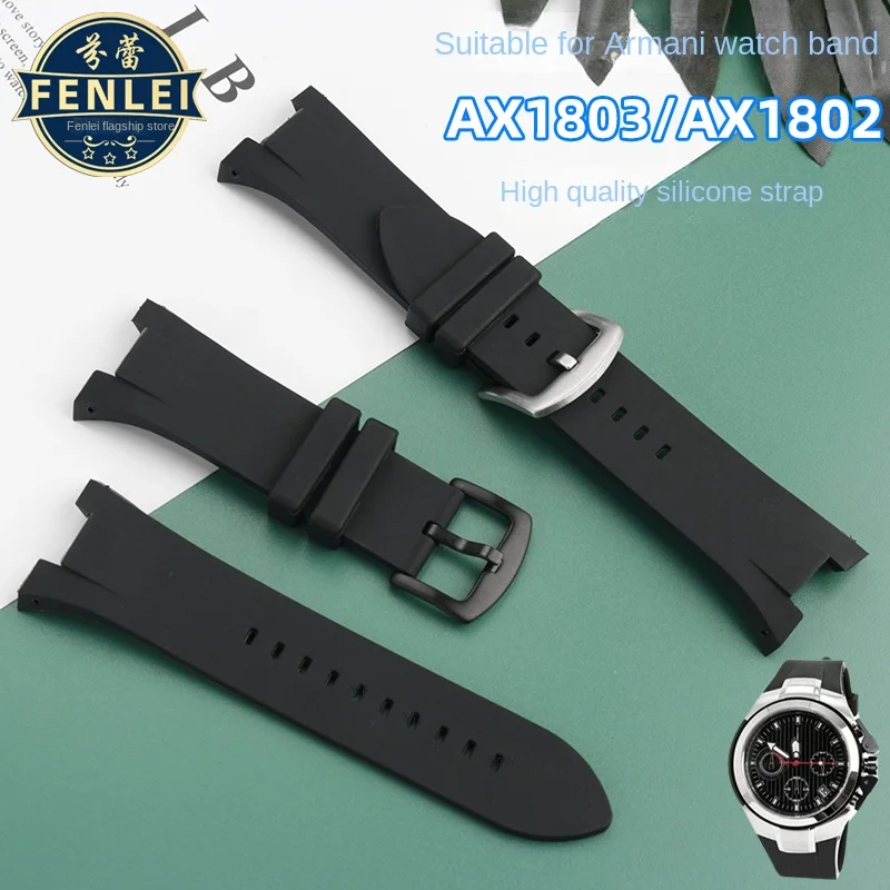 Rubber Watch Strap For Armani Ax1803 1802 1050 Bracelet Waterproof soft silicone Wrist Men Notched Watchband Accessories 31.14mm