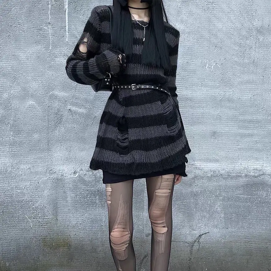 Grunge Long Sleeve Loose Pullover Harajuku Women Y2K Punk Striped Ripped Hollow Out Sweater Gothic Aesthetic Streetwear Jumper