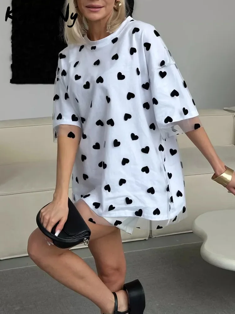 KarSaNy Heart Mesh T Shirt Women Short Sleeve Oversized Top Tees Cotton Basic Splicing Loose Fake Two Piece T Shirt For Women