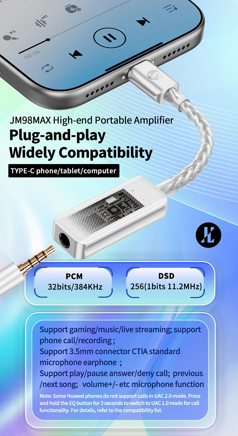 JCALLY JM98Max Digitaler DAC-Audioverstärker Typ C zu 3,5mm Dual-Chip CS43198 Chip SGM8262 Chip Tragbares Kopfhörer-Adapterkabel – Detail 3
