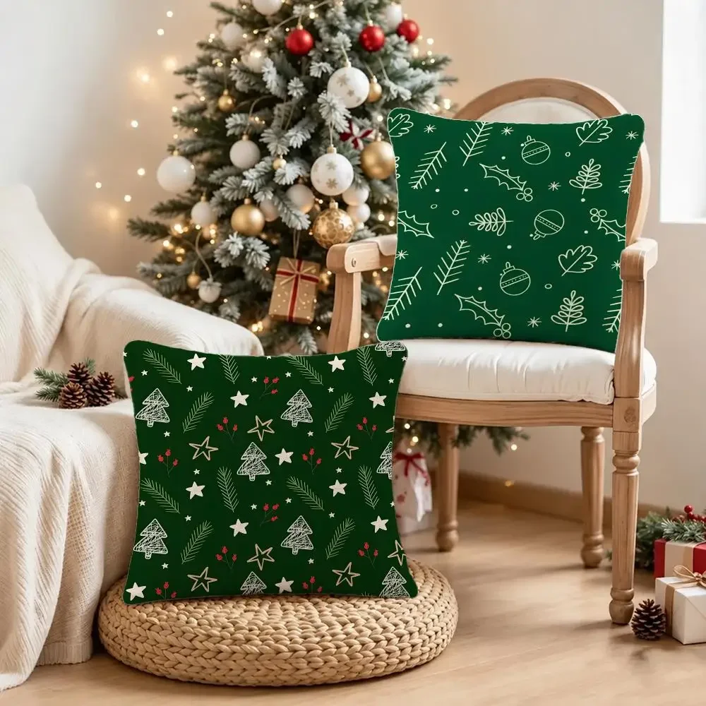 Christmas Low Saturation Gray Green Small Tree Cushion Cover Short Plush Pillowcase, Sofa Bedroom Home Decor, Ideal Holiday Gift