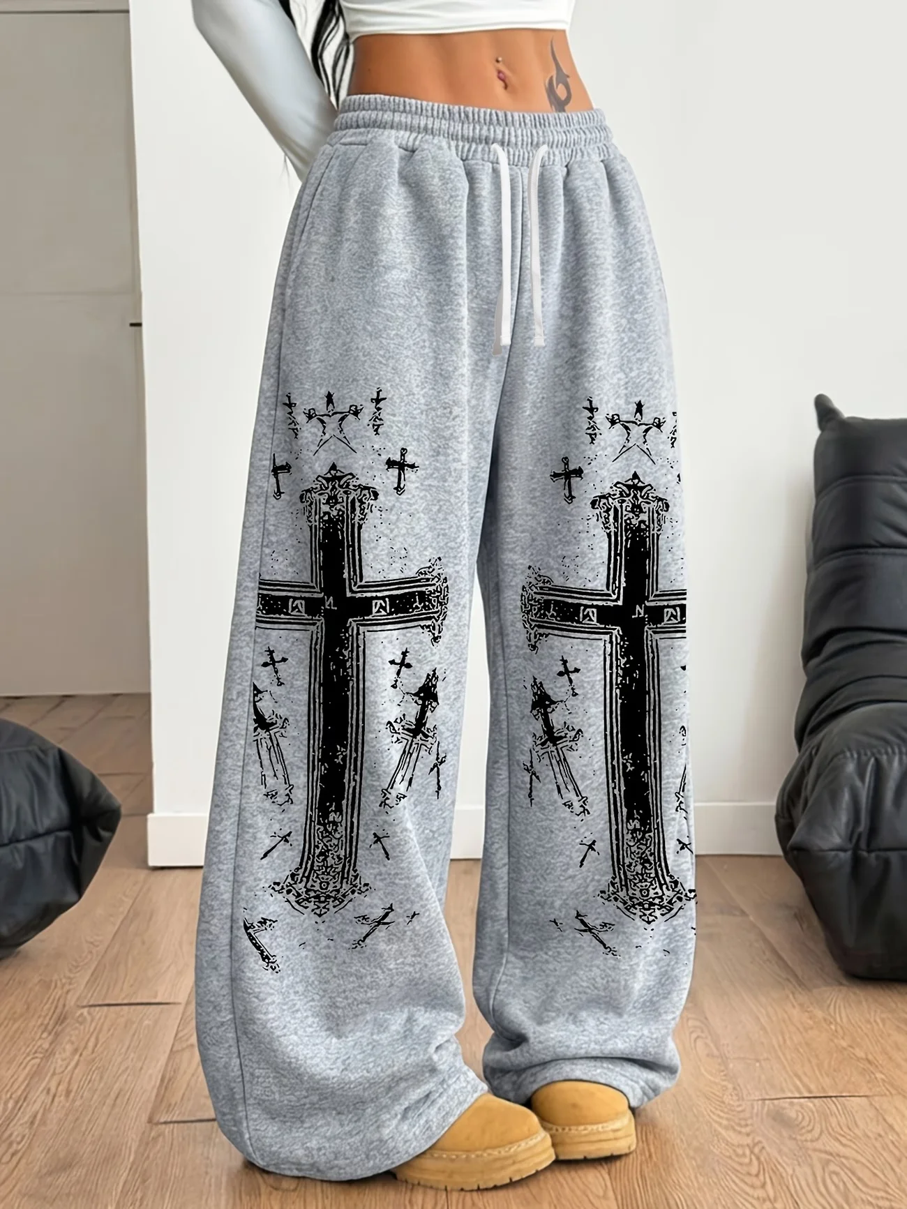 2026 Unisex Schnelltrocknende Gerade Hose Vintage Distressed Kreuzschwert-Muster Hose Y2K Gothic Hip Hop Streetwear Weite Hose – Detail 9