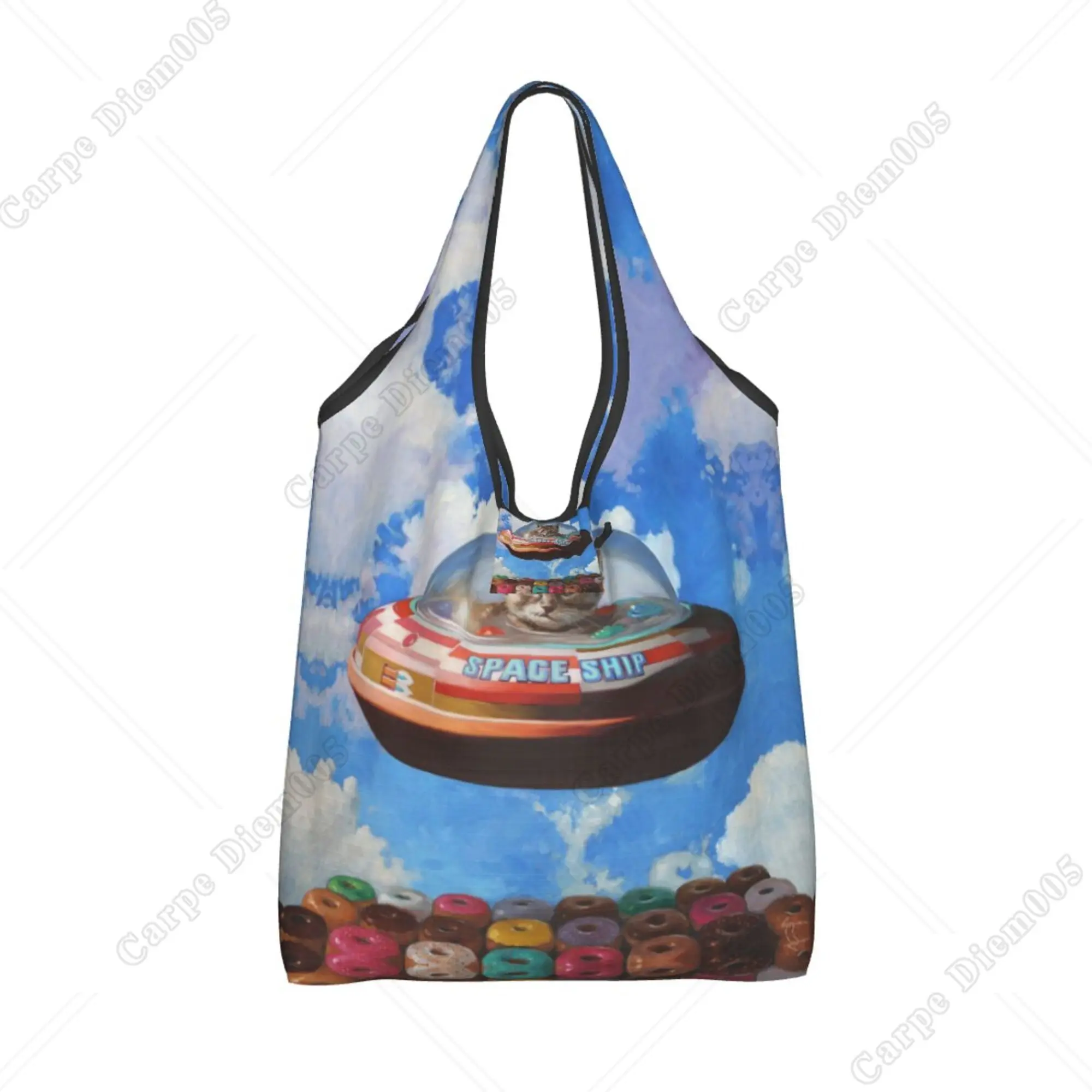 Space Cartoon Cat Doughnut Cute Tote Bag Folding Shopper Bag for Women Shopping Work Outdoor Walking Fashion No Zipper Eco