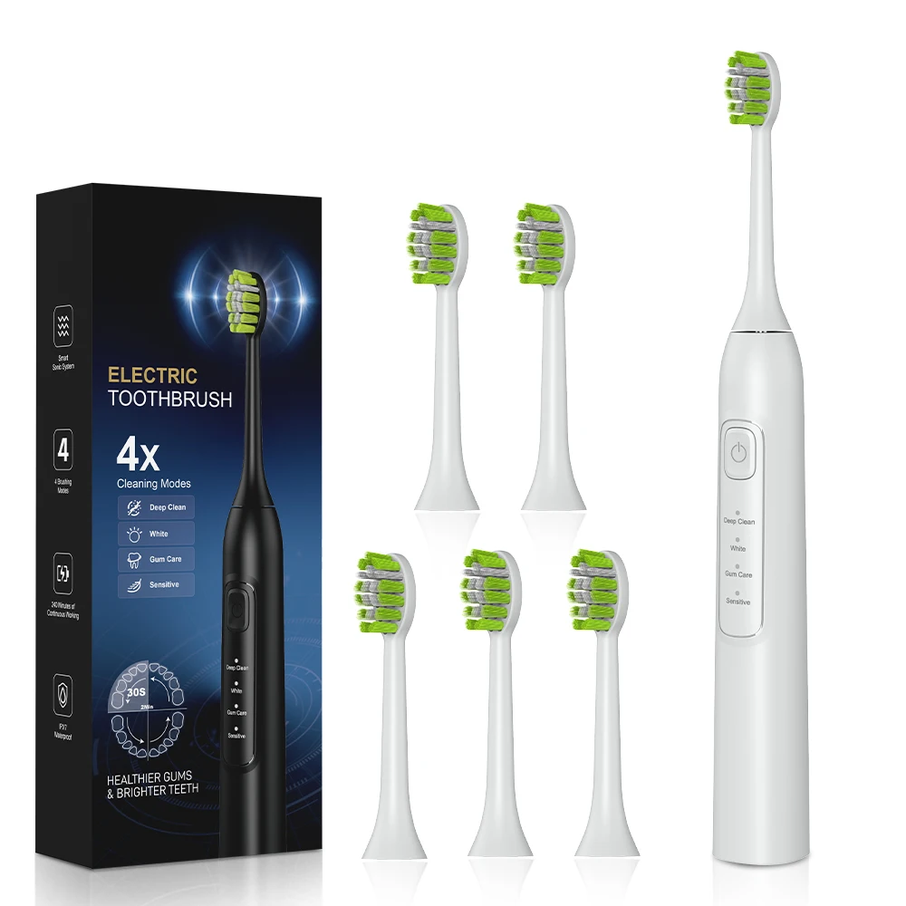 

Ультразвуковая электрическая зубная щетка, водонепроницаемая зубная щетка с 6 насадками для зубных щеток, USB-зарядка, глубокая чистка зубов