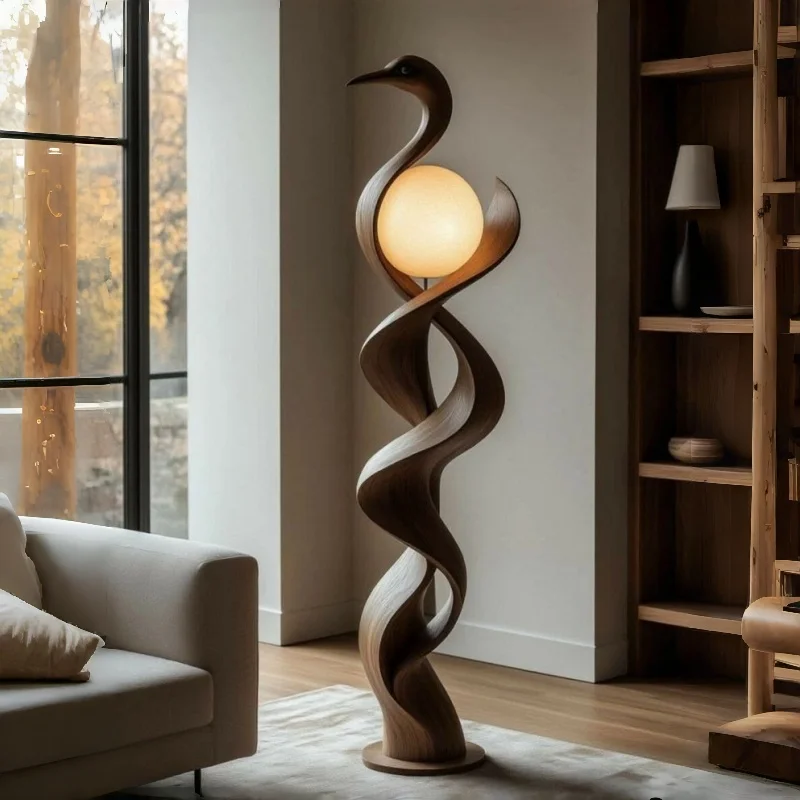 ！@Handcarved Swan Shape Solid Wood Floor Lamp-H160cm Curved Art Modern Lighting Ornament for Home Interior Decor
