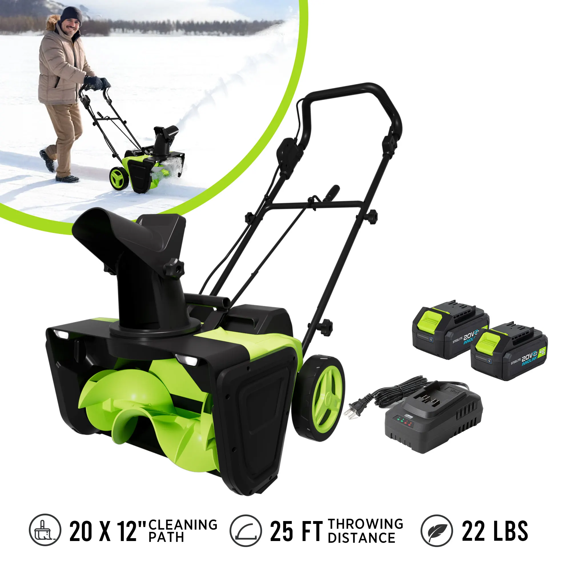 Deli Steelite 42V 20" 무선 제설기 – 850 Lbs/Min, 듀얼 4.0Ah 배터리 및 충전기 포함 – 손쉬운 제설