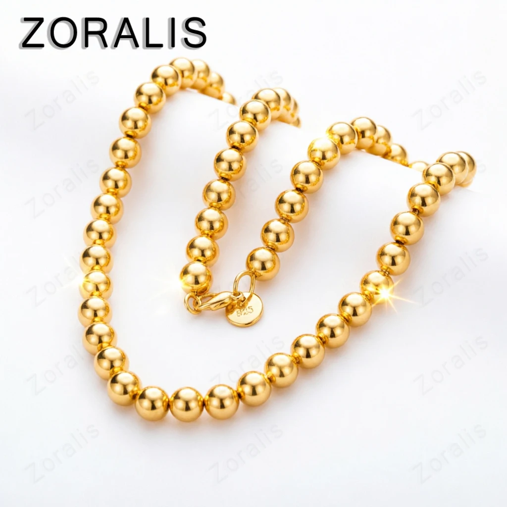 18K Gold 18 Inch Chain 8mm Smooth Round Bead Ball Necklaces For Woman Mens Party Birthday Wedding Noble Charm Jewelry