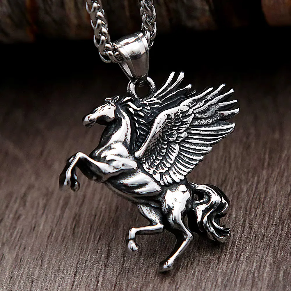 Vintage Flying Winged Horse Stainless Steel Pendant Necklace Greek Mythology Animal Amulet For Men And Women Fashion Jewerly
