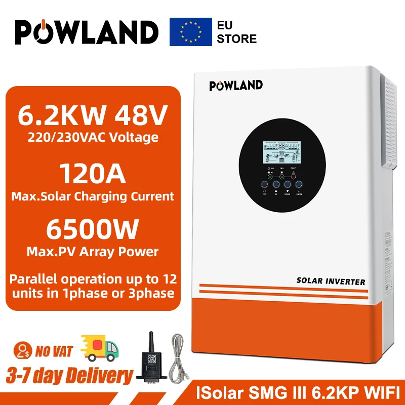 POWLAND 6.2KW Hybrid Inverter MPPT 48V 220V Max PV 500VDC 6500W Input 120A Solar Charger BMS Support Parellel 12pcs With WIFI