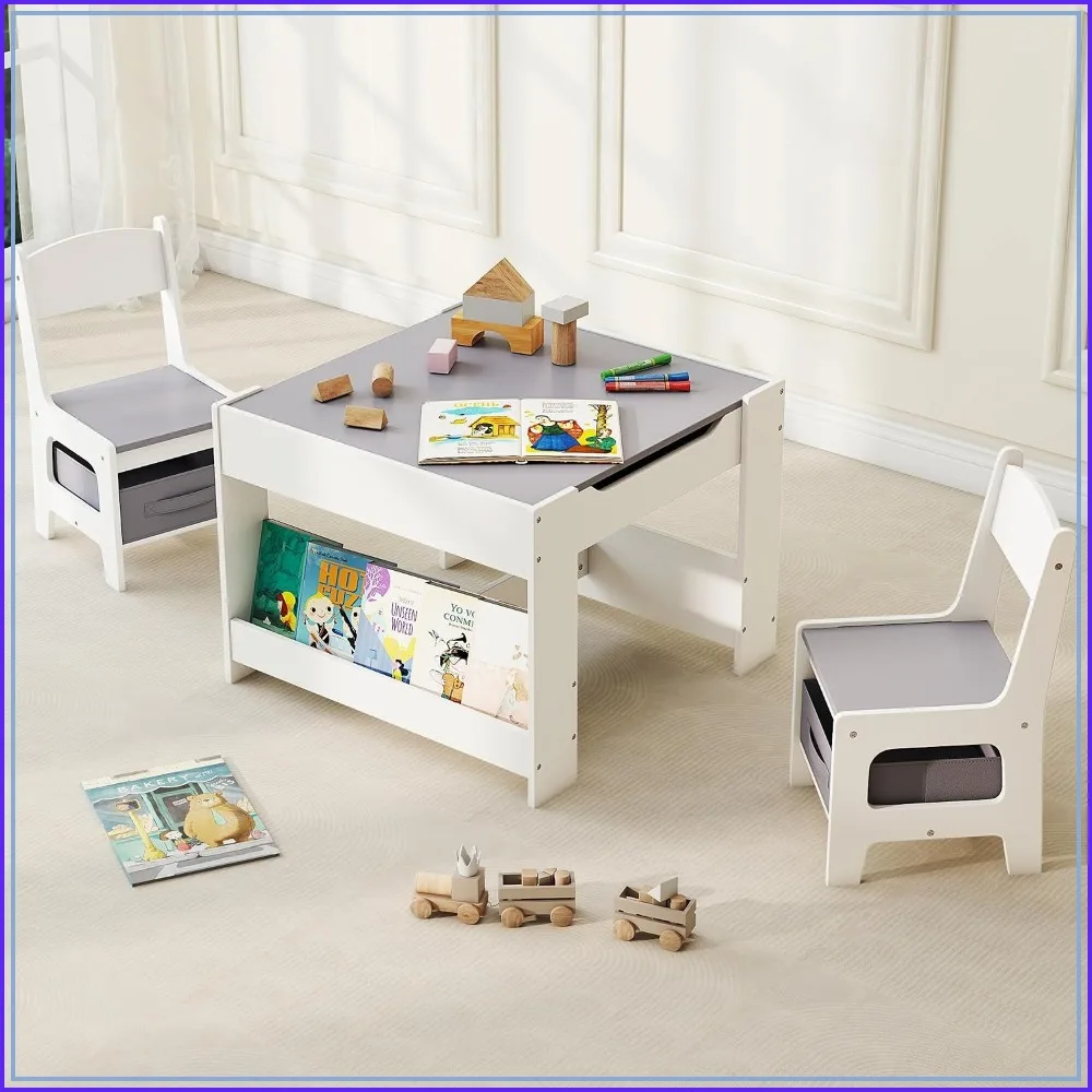 3-in-1 Wooden Kids Table & Chairs Set, Detachable Top & Storage, Grey