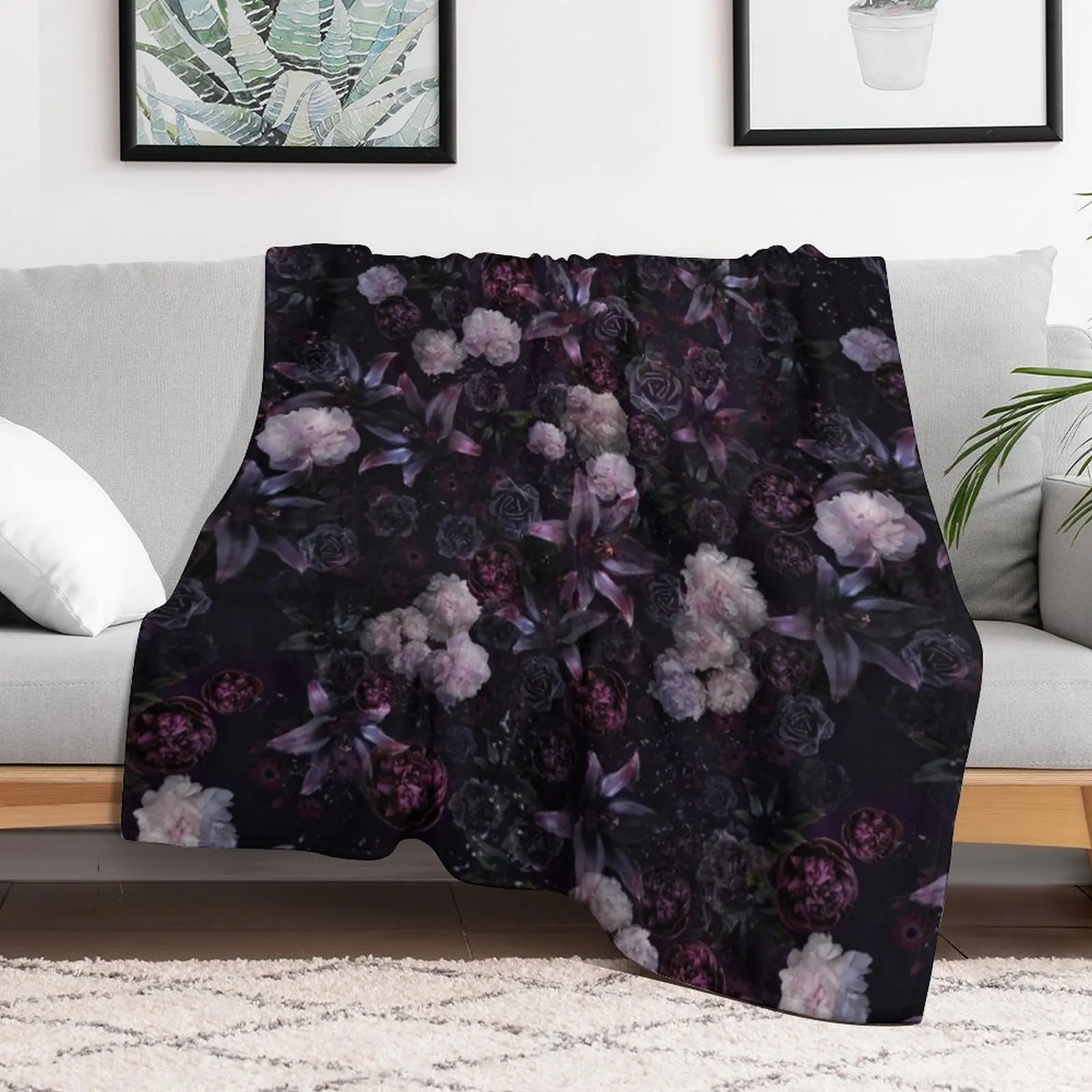 Midsummer Nights Dream #Dark Floral #Midnight #Black #Rose #Night Throw Blanket Sofa Quilt Plush Blankets