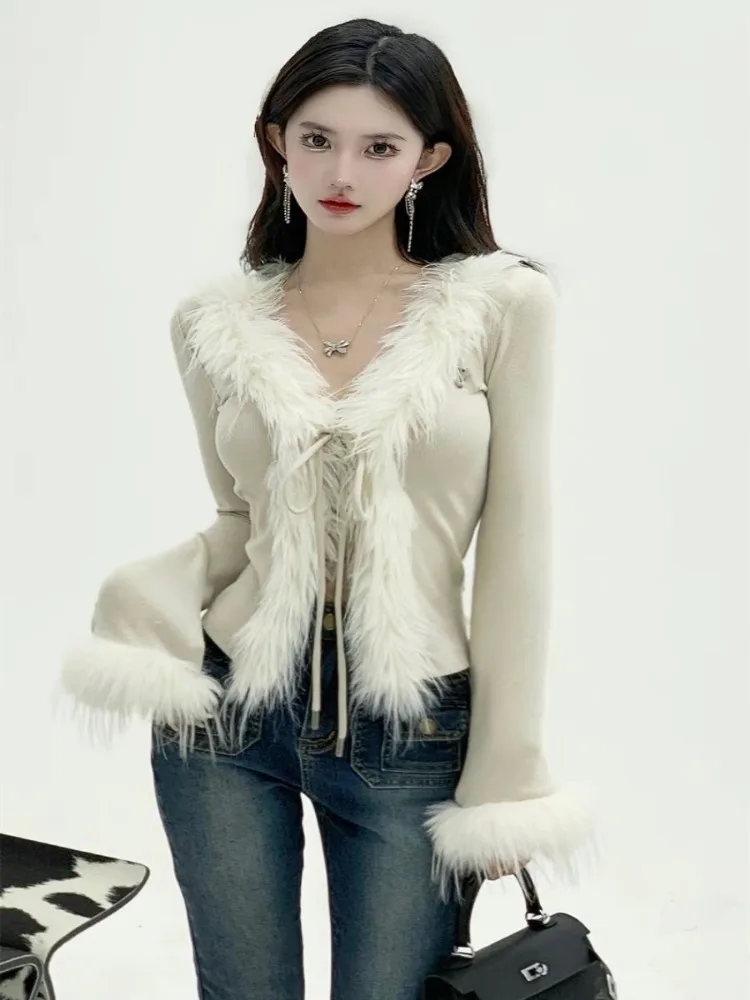 Fashion Fluffy V-neck Lace Up Cardigan T-shirts Autumn Winter New Bottoming Tops Women Y2k Slim Fit Long Sleeve Sweaters