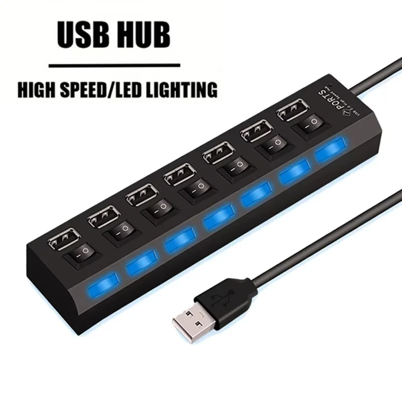

USB 2.0 Hub 7 Port Splitter Power Adapter With ON/OFF Switch Multiple USB Expander HUB For Laptop Computer MacBook Accessories