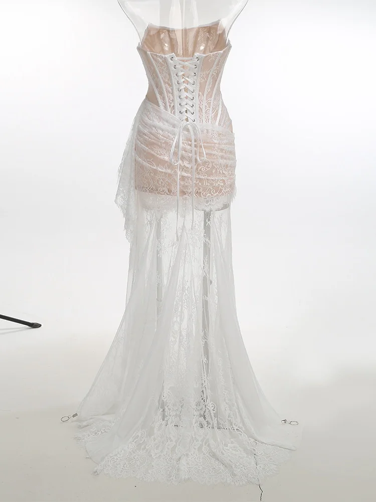 Abito da sposa da sposa senza spalline in pizzo trasparente illuminato al luna romantico VC per abito maxi da gala per feste