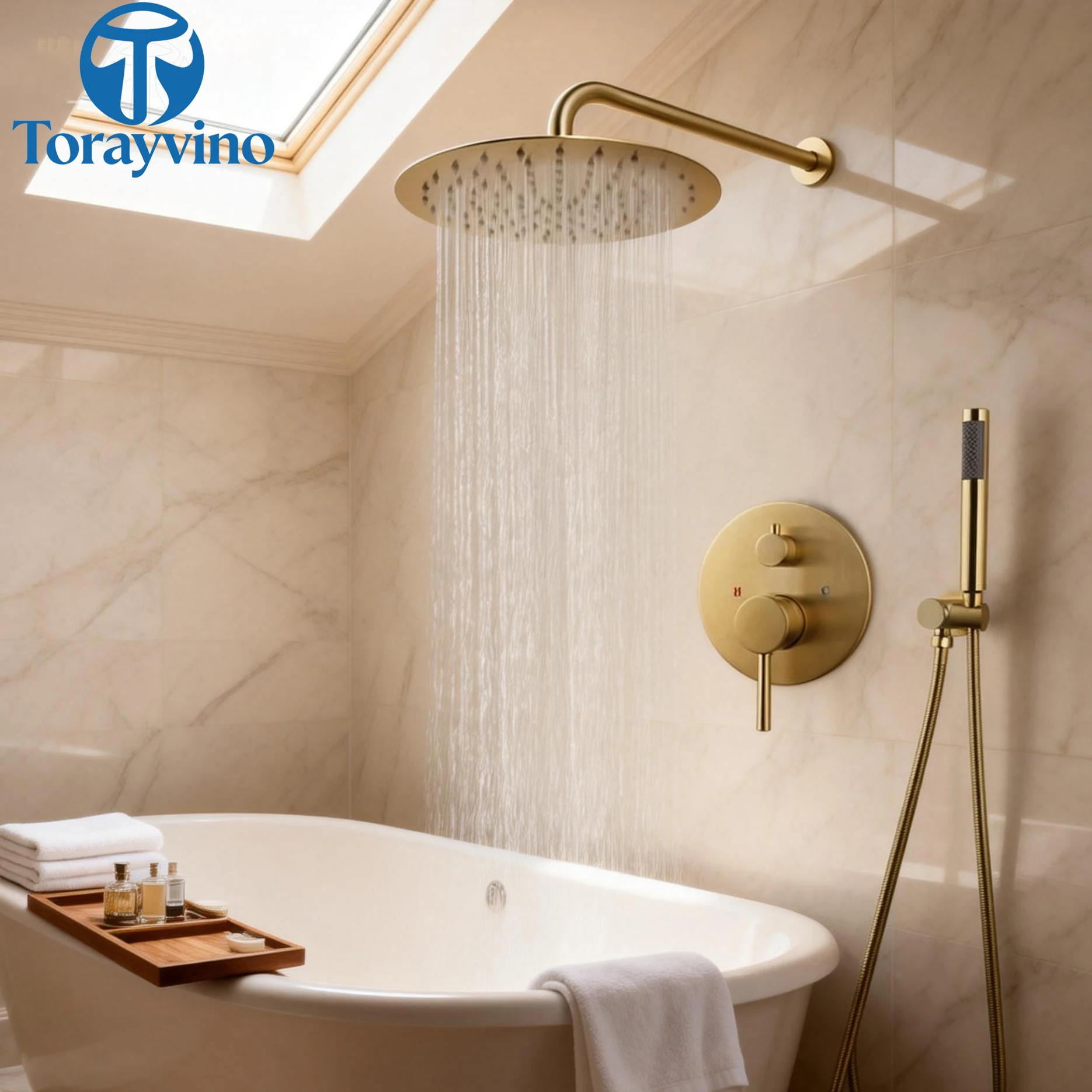 Torayvino Bathroom Showers Set Mixer Tap Rainfall Sprayer Gold Brass Luxury Brushed Nickel Round Cold&hot Water Head Hand Spray