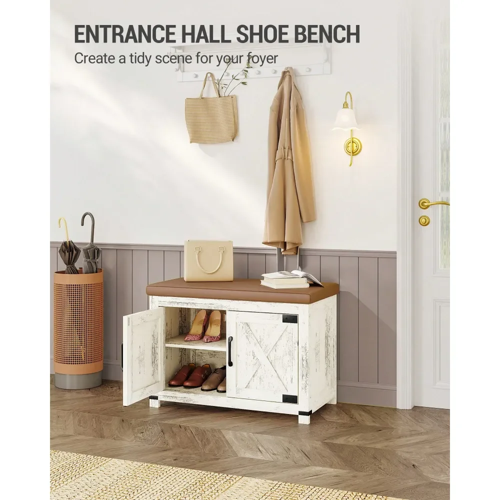 

Farmhouse Shoe Storage Bench, 2 Tier Shoe Bench With Padded Seat Cushion 2 Barn Doors, Entryway Bench With Adjustable Shelf, Sh