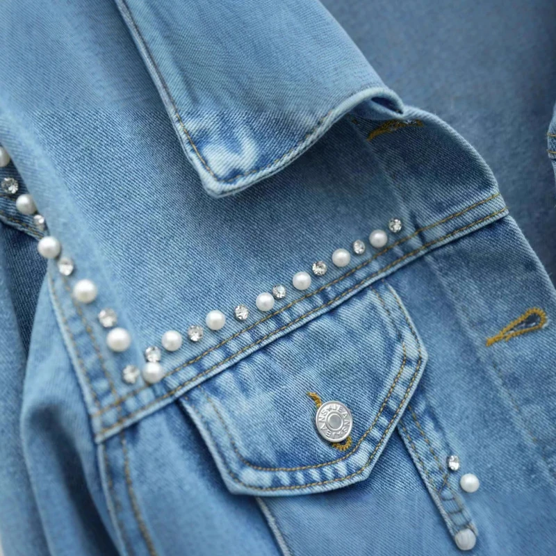 Veste en jean pour femme, printemps-automne, diamants, perles, col rabattu, simple boutonnage, coupe ample, nouvelle veste décontractée polyvalente pour femme