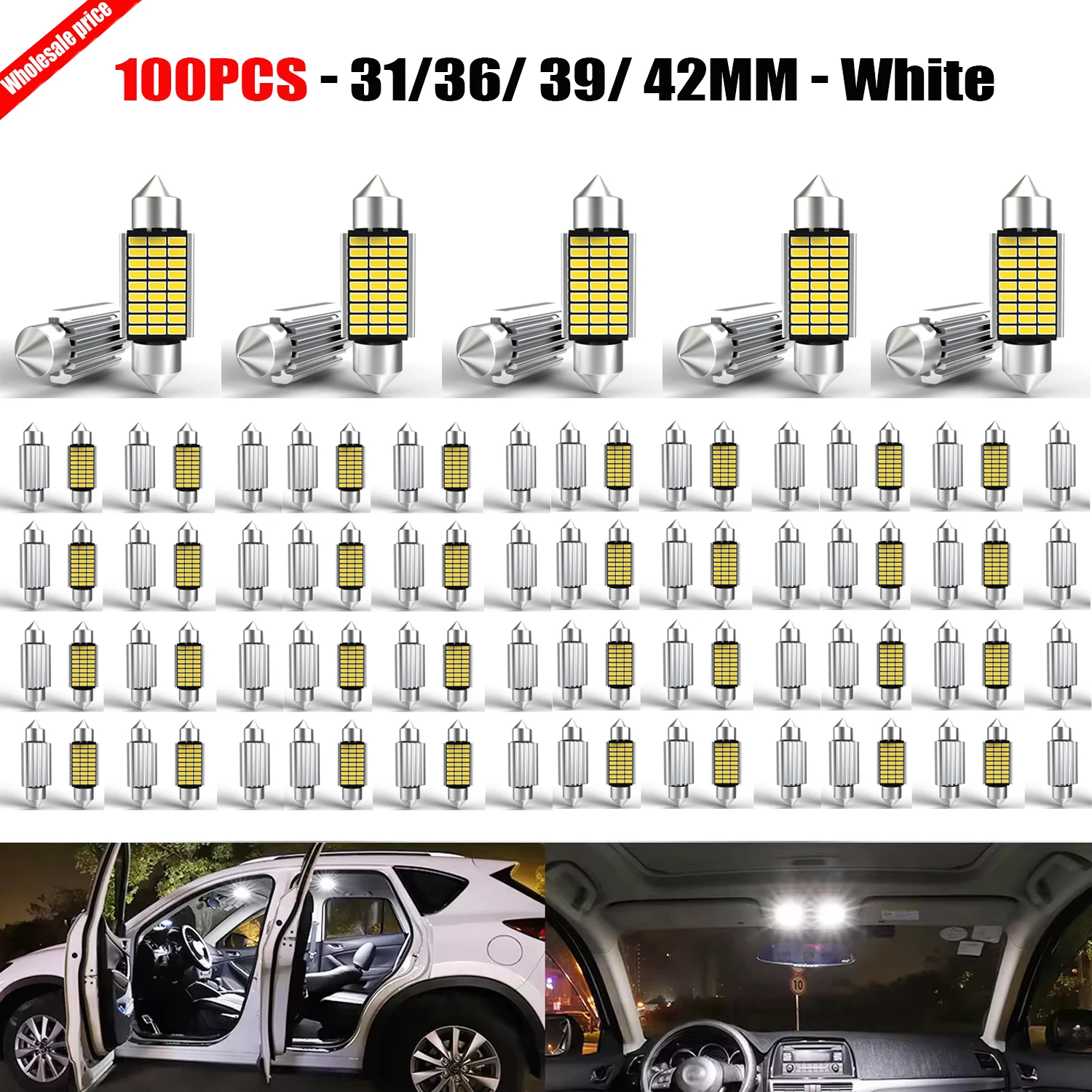 100Pcs 31/36/39/42mm C5W C10W LED Interior Light Bulb Anti-Flicker Plug and Play for General Motors vehicles Drop-in Replacement