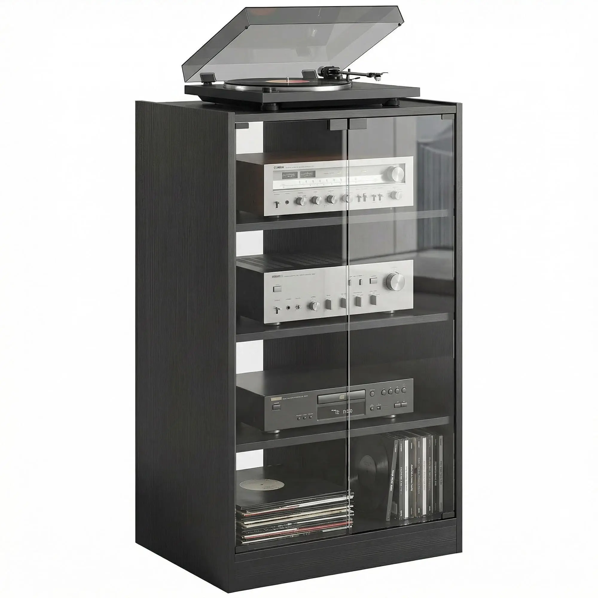 Media Cabinet 4-Tier Stereo Cabinet with Glass Door Black