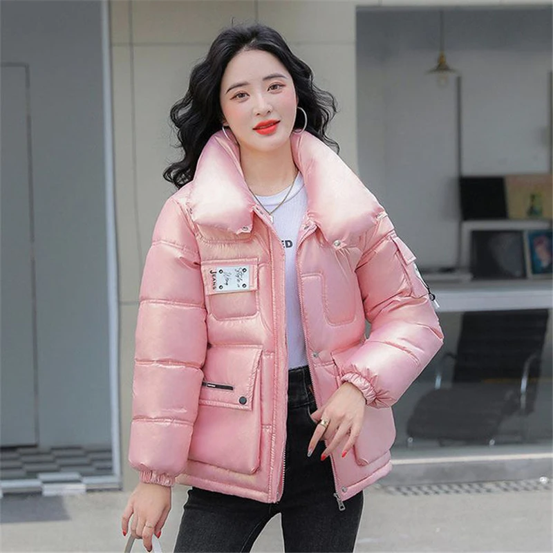 Veste courte en coton pour femme, manteau épais à revers, couleur pure, parka à la mode avec poche, pardessus femme, hiver, nouveau, 2023