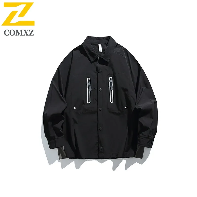 

COMXZ 2025 Men's Waterproof Durable Color Block Stand Collar Jacket Autumn Lightweight Loose Fit Techwear Casual Coat