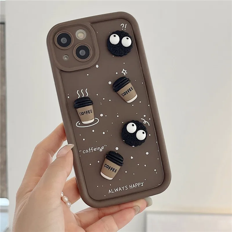 Ottwn Fun 3D Coal Ball Coffee Silicone Phone Case For iPhone 11 13 12 14 15 Pro Max 7 8 14 Plus X XR XS Max Korean Cartoon Cover