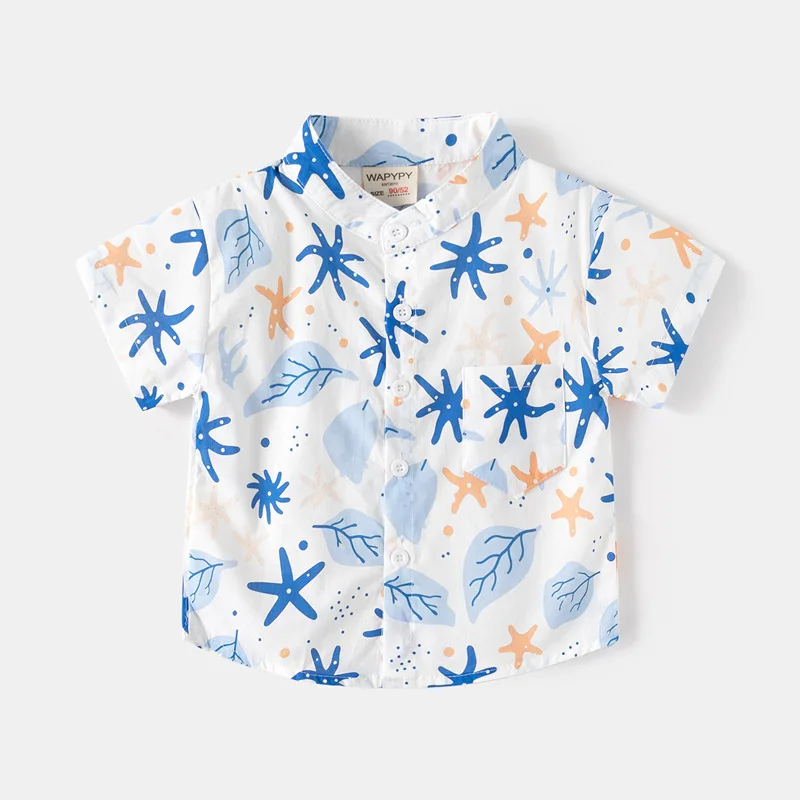 Little Boy Shirt Chest Pocket Stand Collar Print Short Sleeve Front Button-up Tops Summer Holiday Clothes 2-8 Years