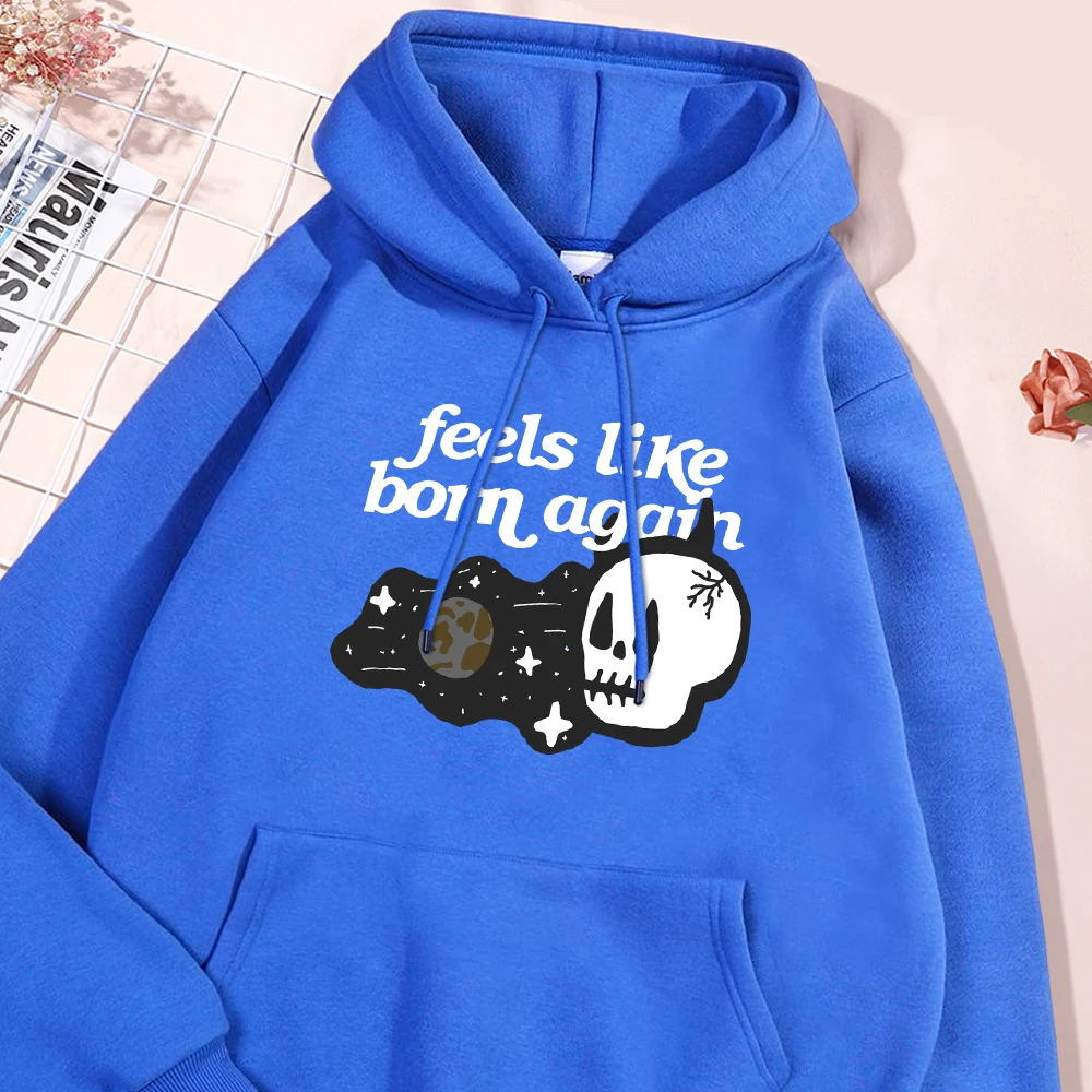 Skull Feels Like Born Again Print Man Hoodie Autumn Warm Fleece Hoodies Winter Oversize Pullover Comfort Hoody Streetwear Tops