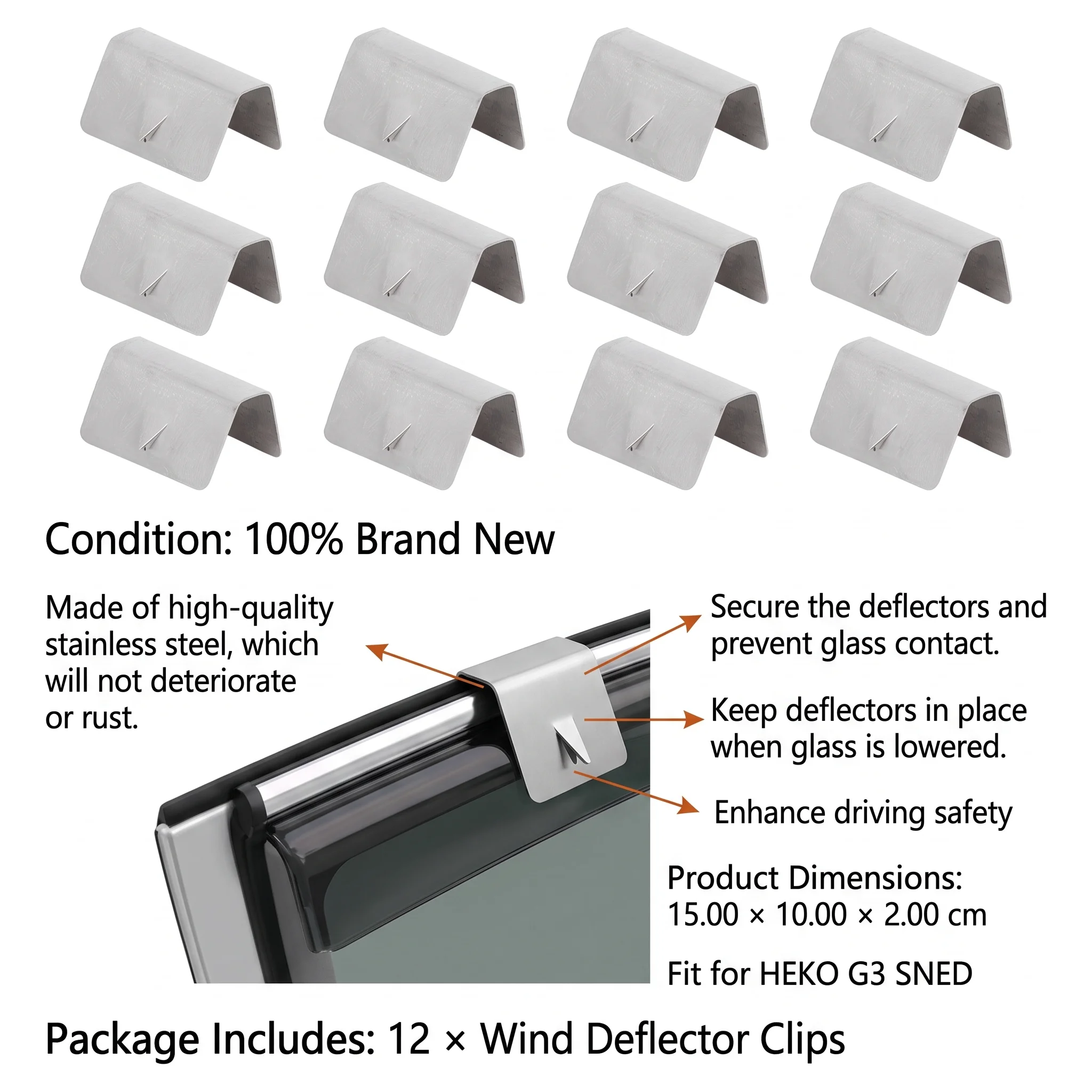 12Pcs Wind Deflector Clips Car Wind Rain Deflector Channel Stainless Steel Fixing Retaining Clips Fit for HEKO G3 SNED