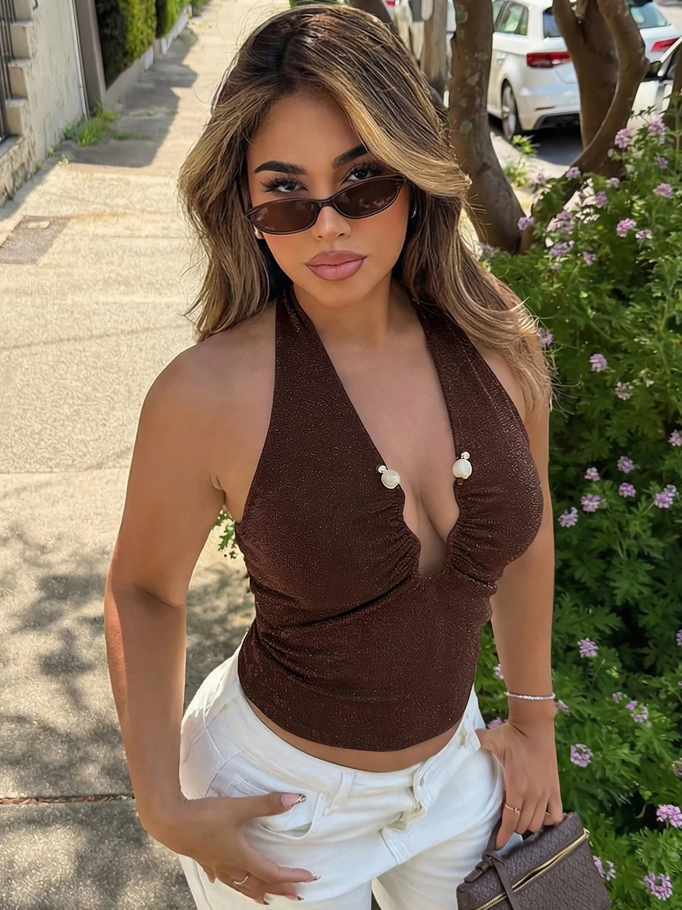 Hugcitar 2026 Halter V Neck Solid Backless Ruched Sexy Bandage Crop Tank Top Summer Women Fashion Clothes Holiday Party Club