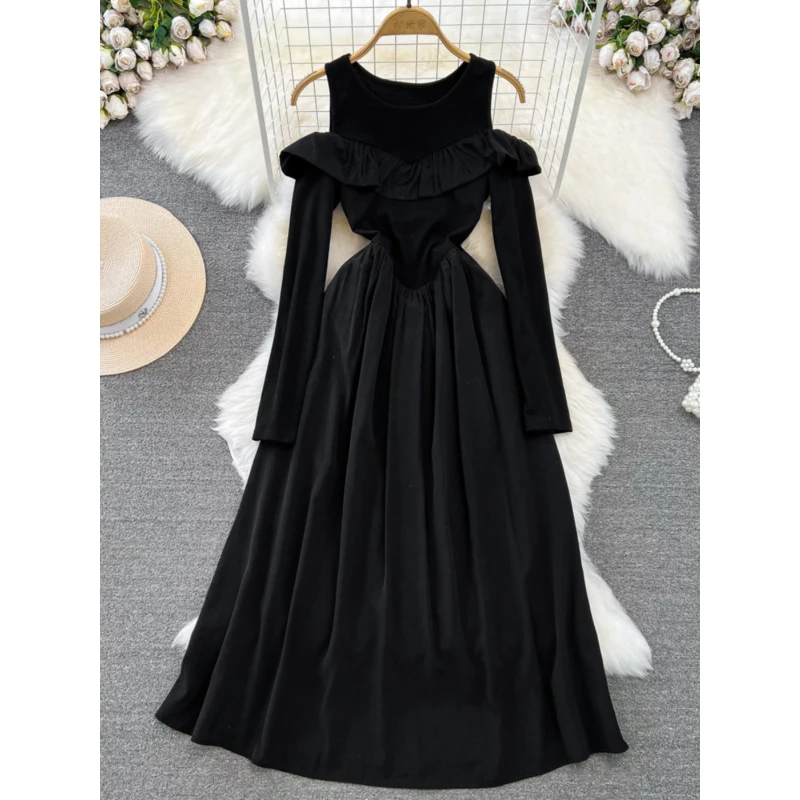 

Autumn Dress Women's Solid Color Vintage Elegant Temperament A-Line Off Shoulder O-Neck Ruffles Ankle-Length Dresses