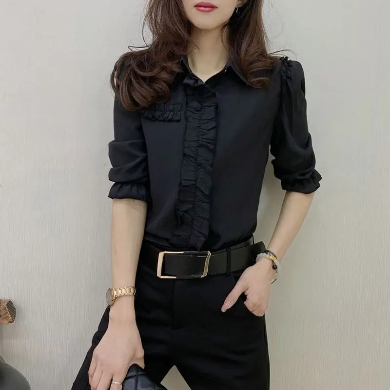 Female Clothing Slim Basic Solid Color Blouse Fashion Edible Tree Fungus Folds Commute 2023 Spring Summer Single-breasted Shirt