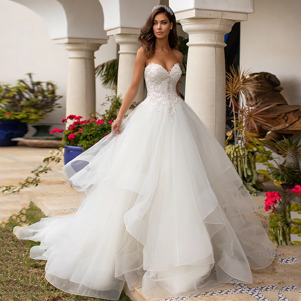 Robe de Mariée Trapèze en Tulle à Volants et Perles, Magnifique, Nouvel Arrivage