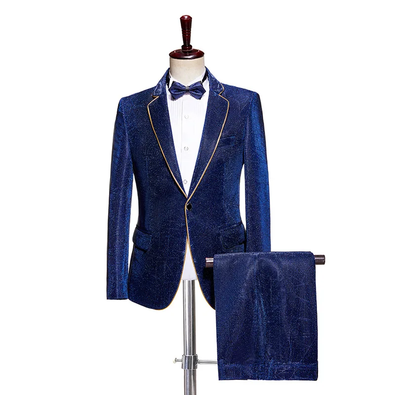 

2026 Gold-Edged Blue Shimmering Suits for Men Party/Banquet/Stage Performance/Host/Anchor/Runway Men's Blazer+Pants with Bow Tie