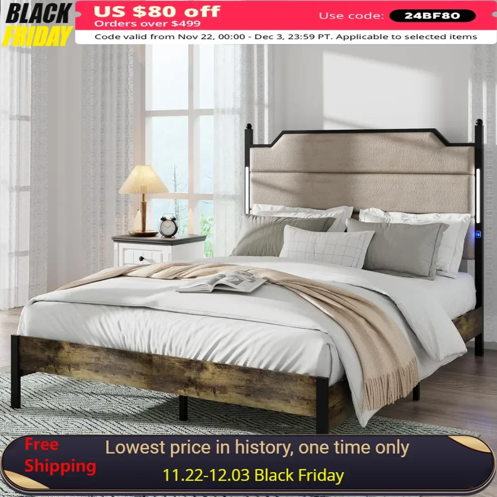 Queen Size Bed Frame with Underbed Storage, Simple and Atmospheric, Heavy Duty Sturdy Upholstered Metal Bed Frame