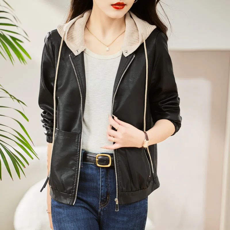 Leather jacket for women's 2024 new spring and autumn season, small and short casual fashion hooded patchwork sheepskin top