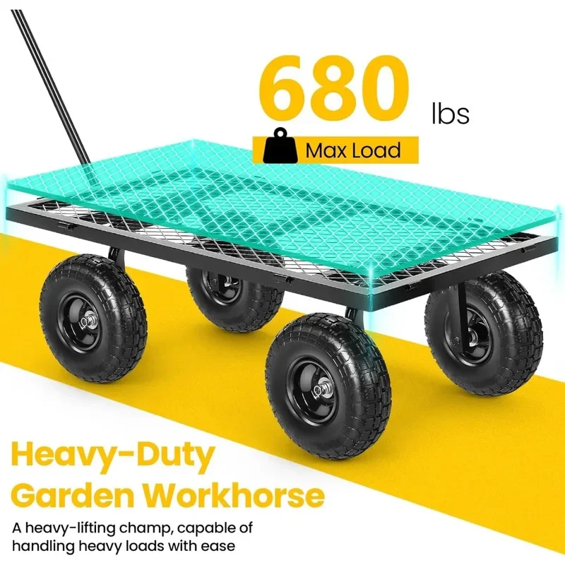 MAX 680LB Garden Cart, Heavy Duty Wagon, Mesh Foldable Garden Cart, Pullable Wagon with 180° Rotating Handle