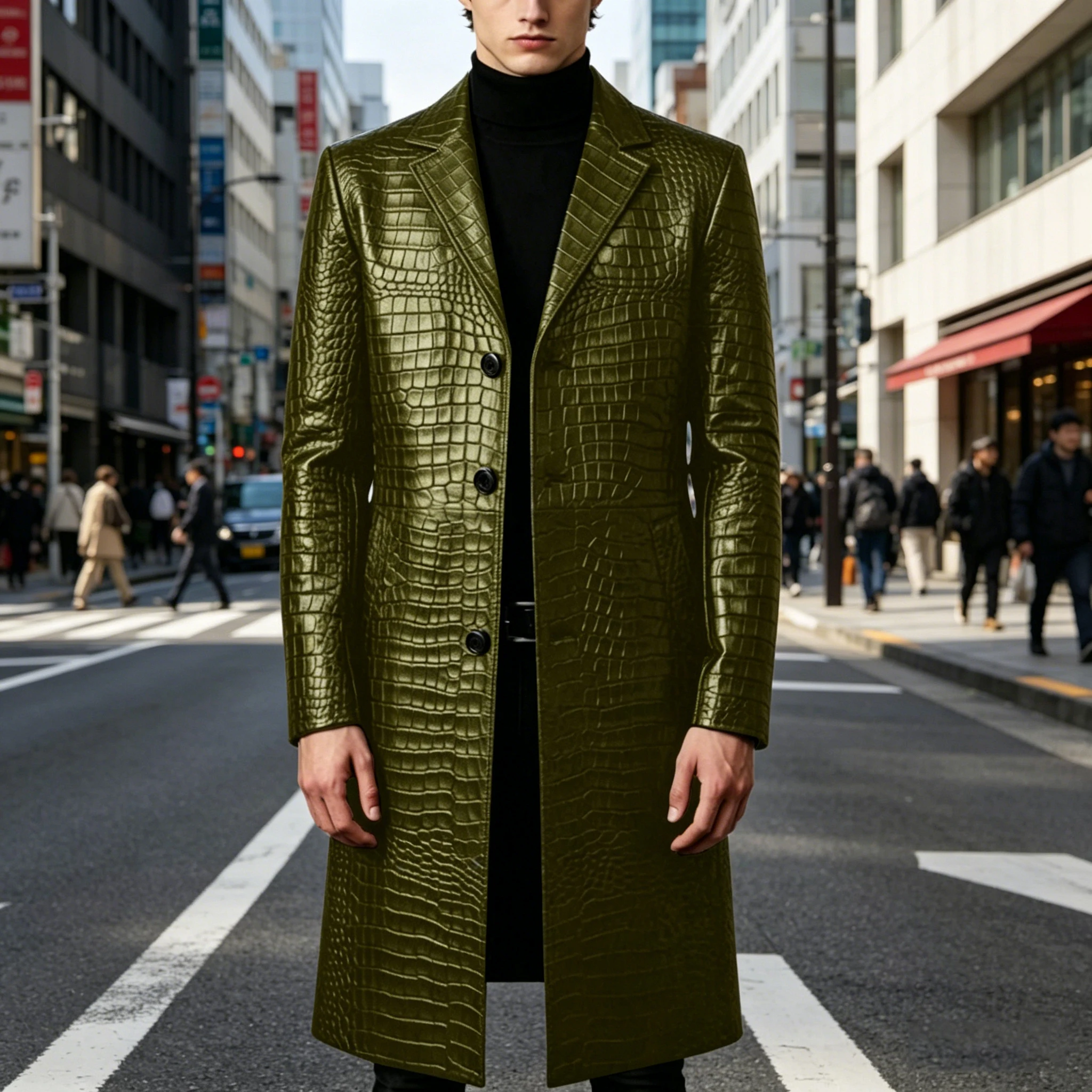 Men's Crocodile Leather Trench Coat Luxury Long Slim Fit Overcoat Notched Lapel Formal Business Jacket Autumn Winter Streetwear