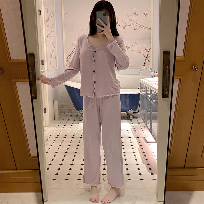 Spring and Autumn Women\'s Luxurious Cotton V-neck Sexy Pajamas Simple Sweet Warm Long Sleeve Pants Set Pajamas Home Clothing