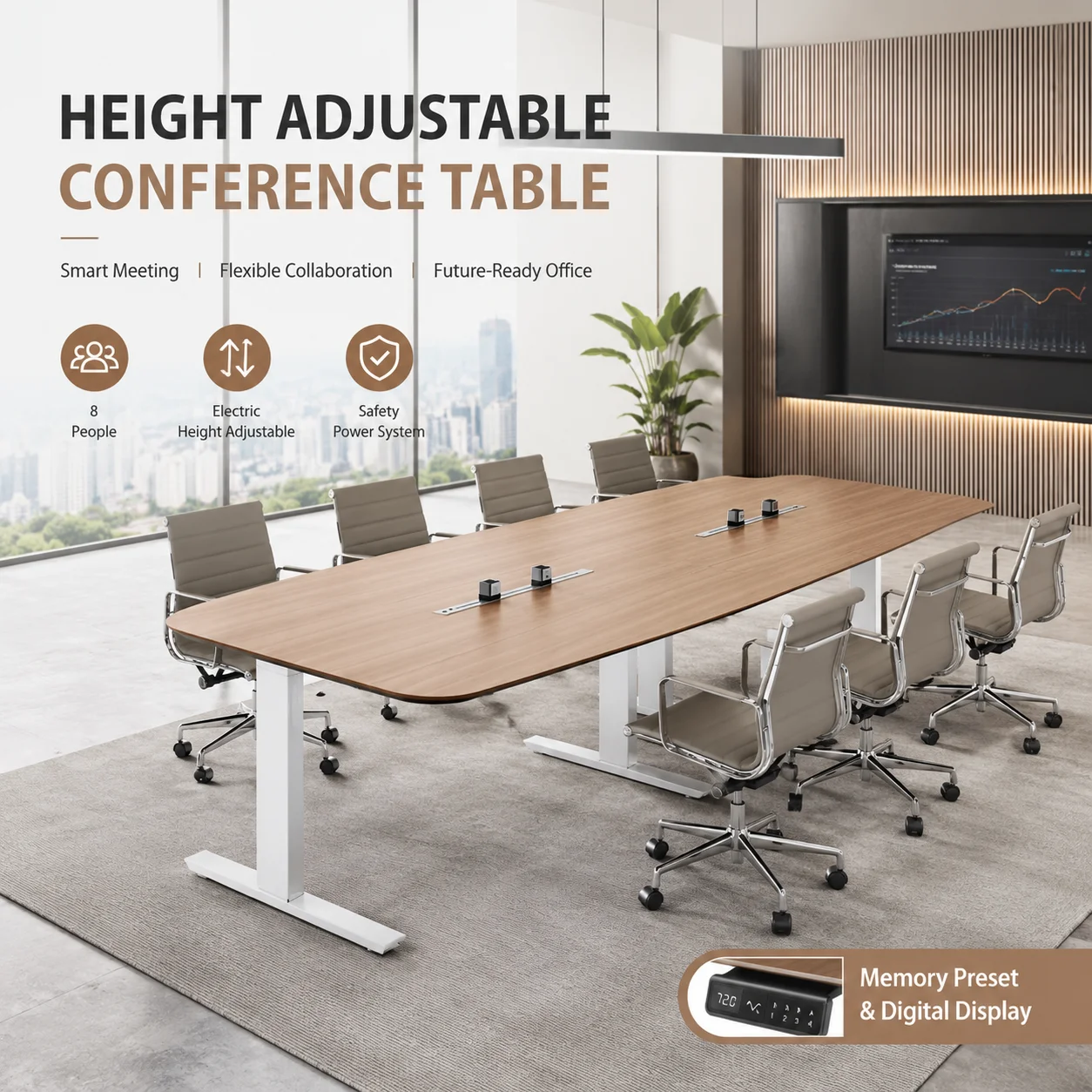 8 Person Height Adjustable Conference Table, Modern Electric Meeting Table with Memory Preset & Safety Round Corner