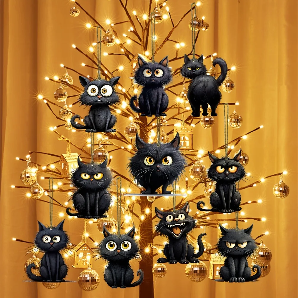 Handmade Black Cat Emoji Wooden Hanging Ornament,Wooden crafts,Christmas Halloween decorations Home decor items Perfect Gift