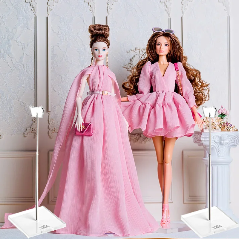 

32cm Supermodel Doll With Doll Stand Fashion Pink Long Gown Series DIY Toys Black Skin Original Popular European Collector Gift