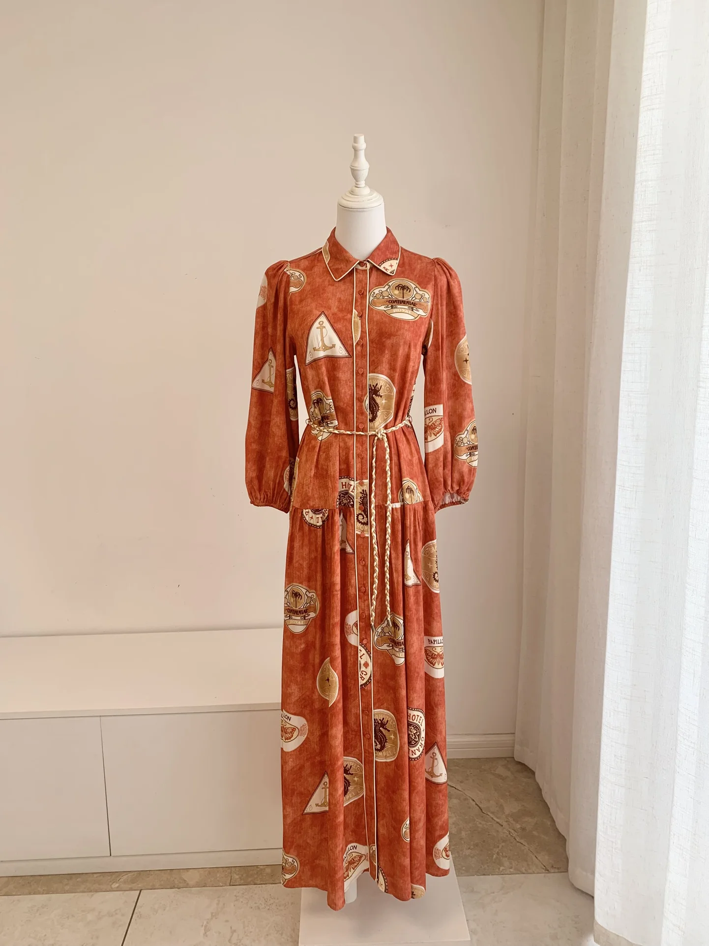 Women Retro Printed Shirt Robe Autumn Turn-down Collar Long Sleeve Single Breasted Casual Loose Maxi Dress