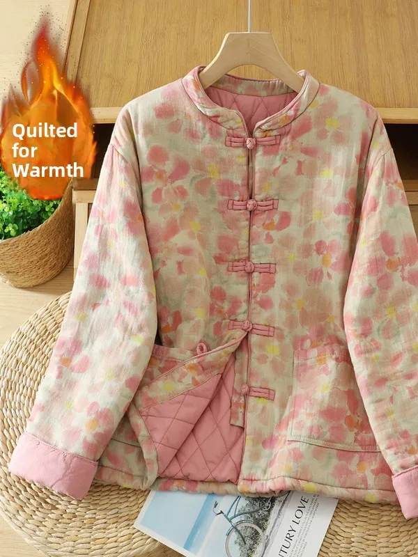 

Retro Floral Print Thiened Cotton Jaet Women's Winter New Chinese Sle Button up Warm Cotton Padded Coat Long Sve Sta...