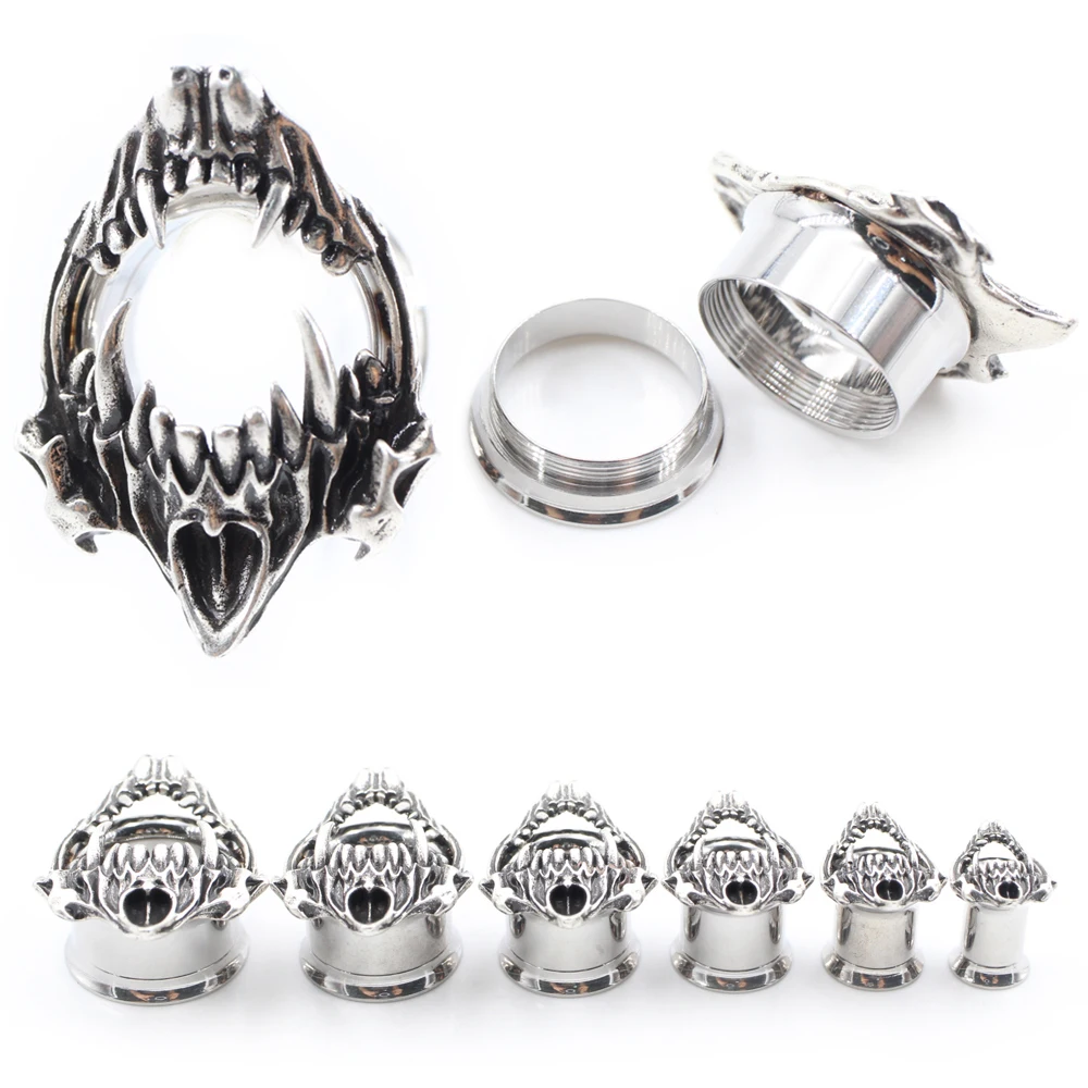 Alisouy 2PCS Retro Stainless Steel Fangs Ear Flesh Tunnels Plugs Expander Stretcher Flared Gauges Earrings Piercing Body Jewelry